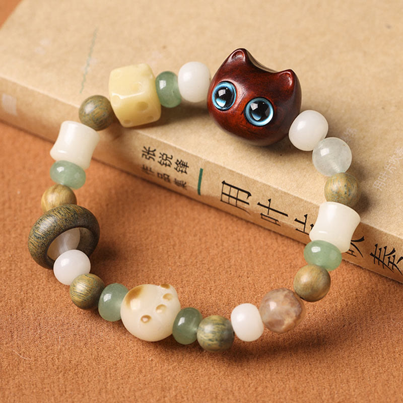 Wear FengShui Bodhi Seed Green Sandalwood Ebony Wood Small Leaf Red Sandalwood Cat Head Paw Claw Peace Bracelet