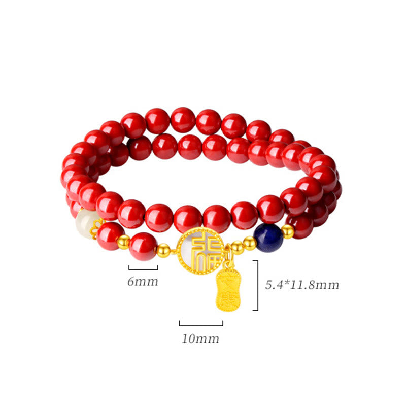 Wear FengShui 925 Sterling Silver Cinnabar Tridacna Stone Fu Character Double Wrap Blessing Bracelet