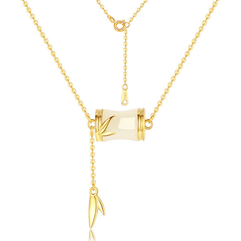 Wear FengShui 925 Sterling Silver 22K Gold Hetian White Jade Bamboo Leaf Luck Necklace Pendant Bracelet