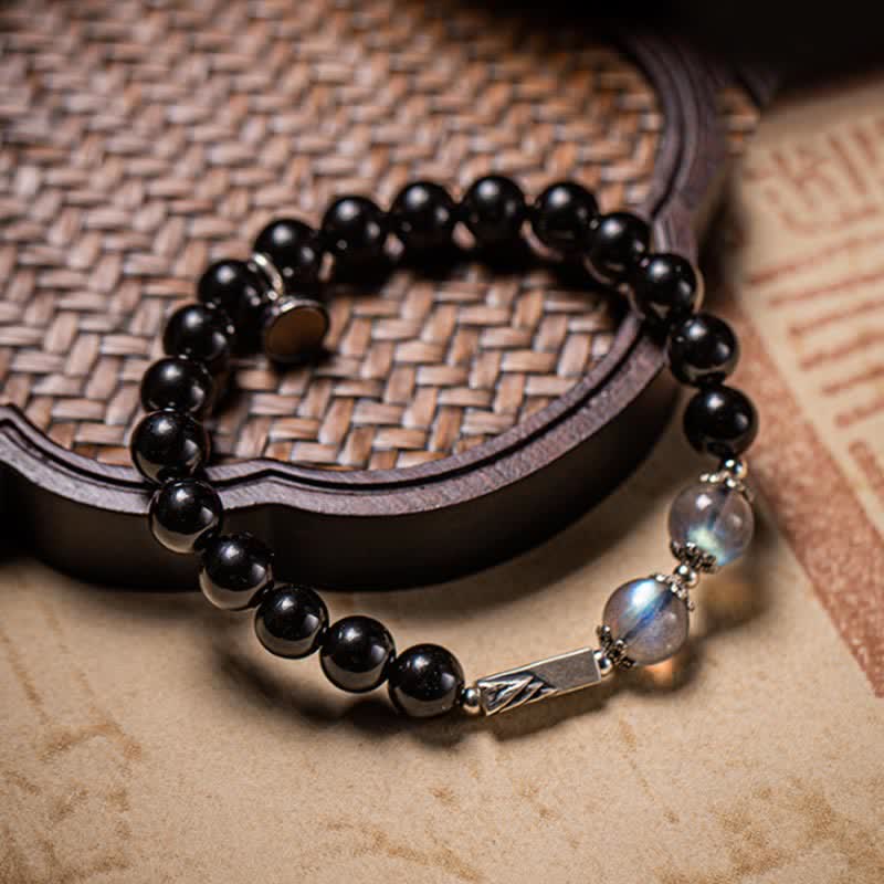 Wear FengShui 925 Sterling Silver Obsidian Moonstone Strength Couple Bracelet