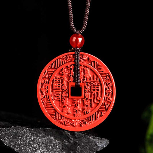Wear FengShui Natural Cinnabar Mountain Ghosts Spend Money Bagua Design Blessing Necklace Pendant