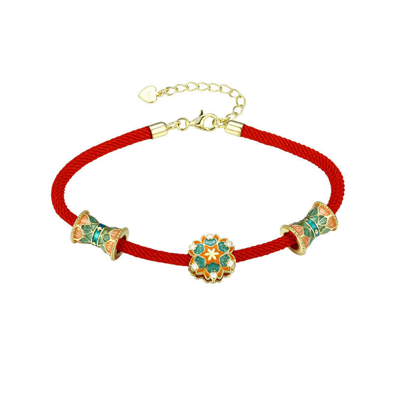 Wear FengShui Dunhuang 925 Sterling Silver Lotus Drum New Beginning Red Rope Bracelet