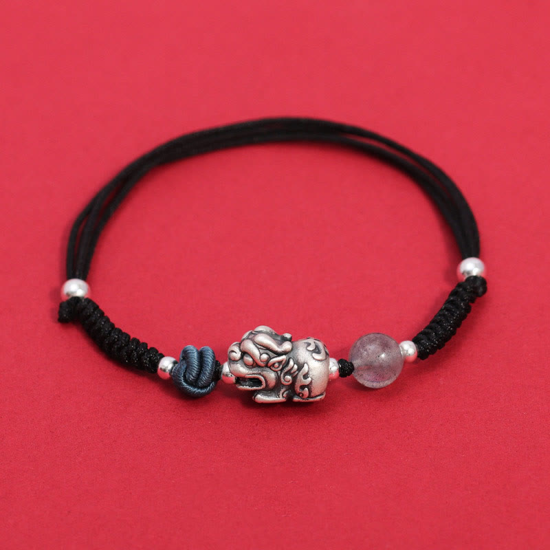 Wear FengShui 999 Sterling Silver PiXiu Strawberry Quartz Bead Wealth Luck Braided Bracelet