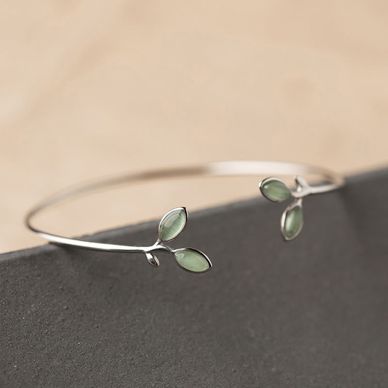 Wear FengShui Leaf Pattern Cat Eye Support Cuff Bracelet Bangle