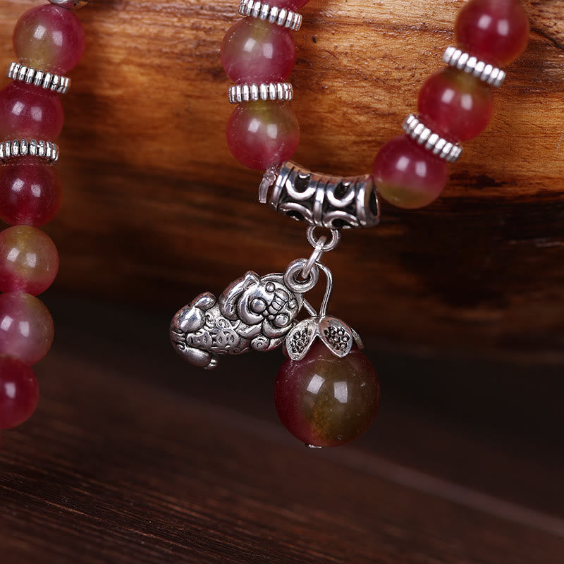 Wear FengShui Natural Watermelon Tourmaline PiXiu Elephant Positive Triple Wrap Bracelet
