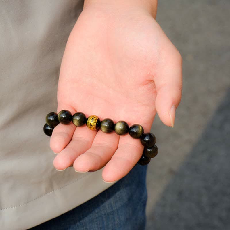 Wear FengShui Chinese Zodiac Natal Buddha Gold Sheen Obsidian Wealth Protection Bracelet