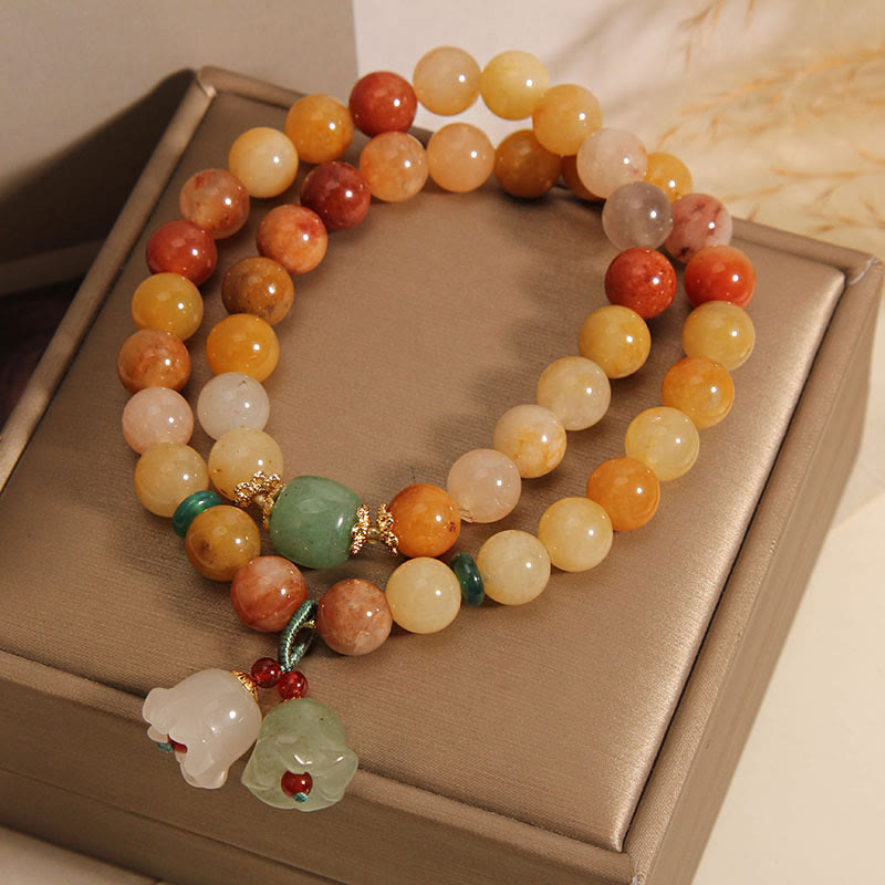Wear FengShui Tibet Natural Golden Silk Jade Double Layer Bell Orchid Luck Bracelet