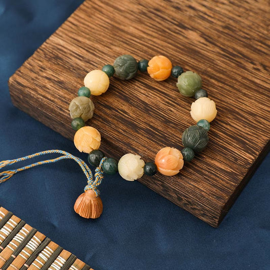 Wear FengShui Bodhi Seed Lotus Bead Engraved Moss Agate Peace Calm Bracelet