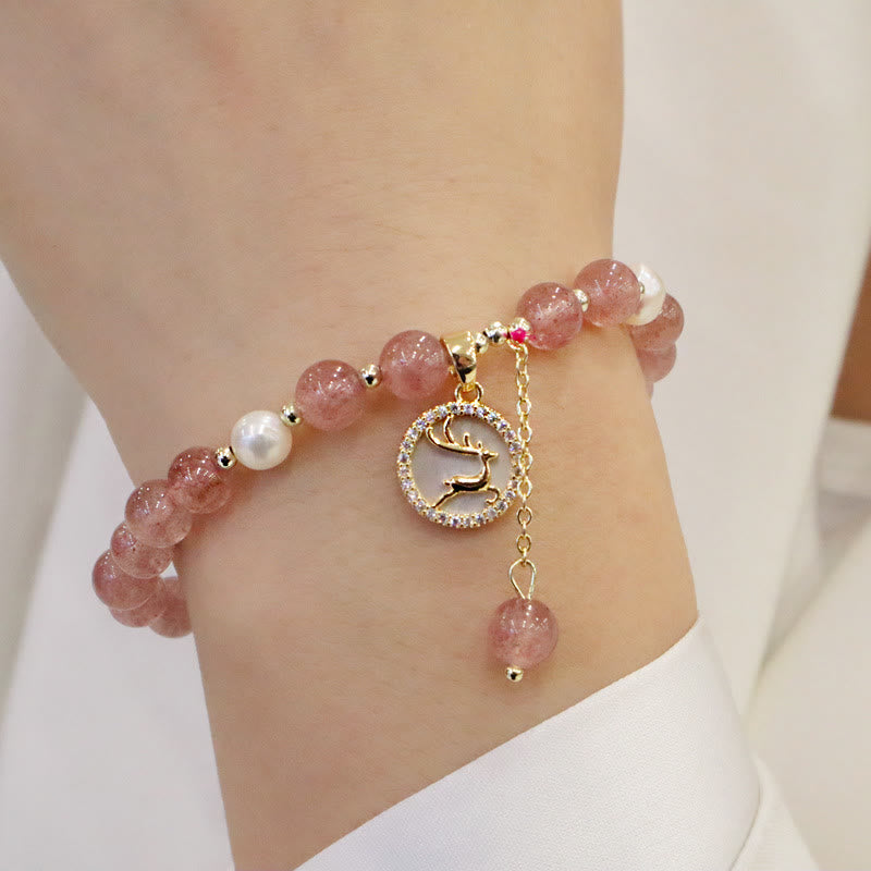 Wear FengShui Strawberry Quartz Pearl Elk Smiley Face Fishtail Fu Character Charm Healing Bracelet