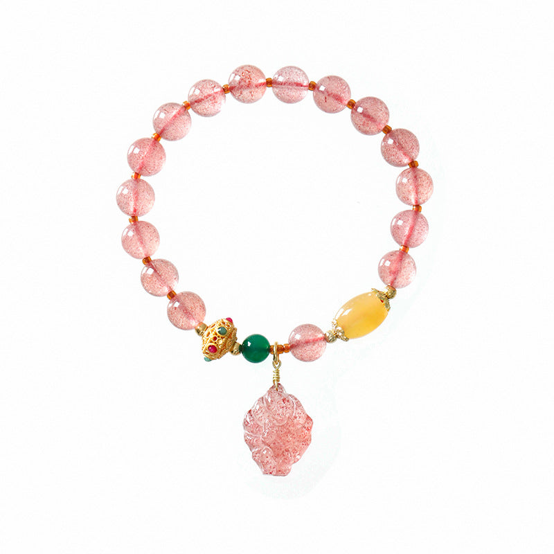 Wear FengShui Natural Strawberry Quartz Nine Tailed Fox Healing Bracelet