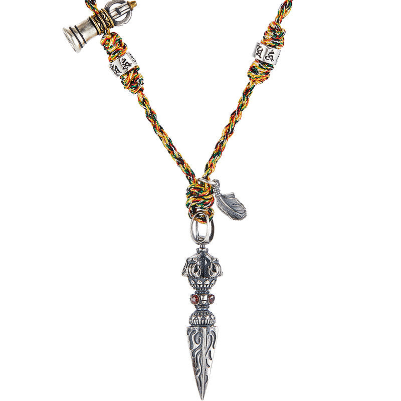 Wear FengShui Tibetan Handmade 925 Sterling Silver Dorje Vajra Om Mani Padme Hum Feather Strength Necklace Pendant