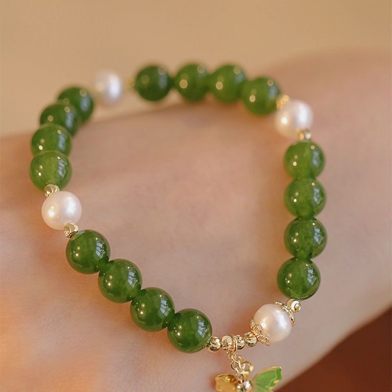 Wear FengShui Natural Green Chalcedony Pearl Butterfly Courage Strength Bracelet