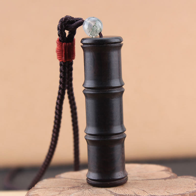 Wear FengShui Ebony Wood Bamboo Pattern Ghau Prayer Box Peace Necklace Pendant
