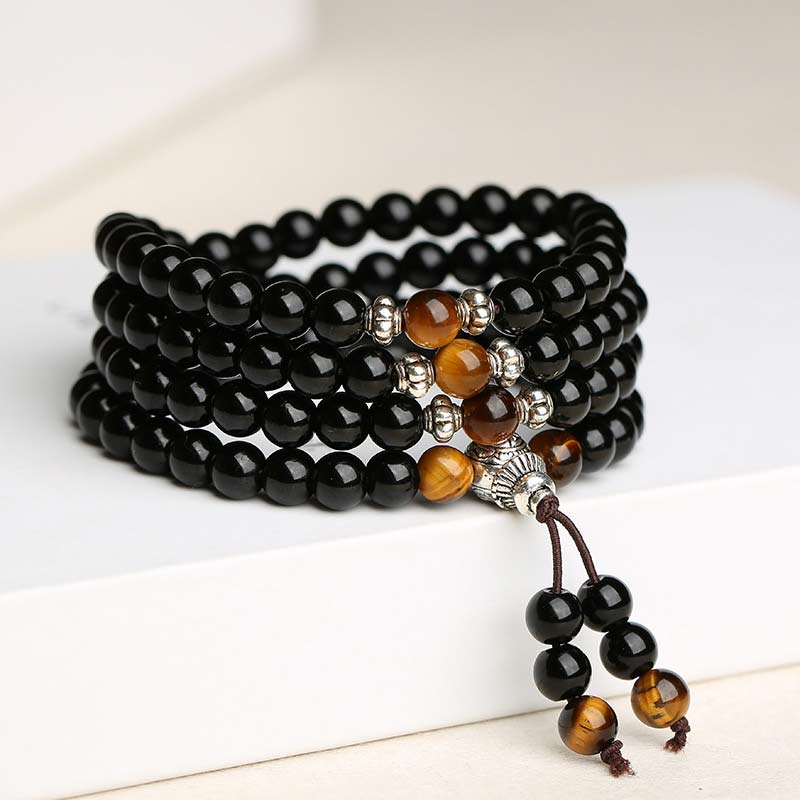 Wear FengShui Black Obsidian Tiger Eye Blessing Mala Bracelet