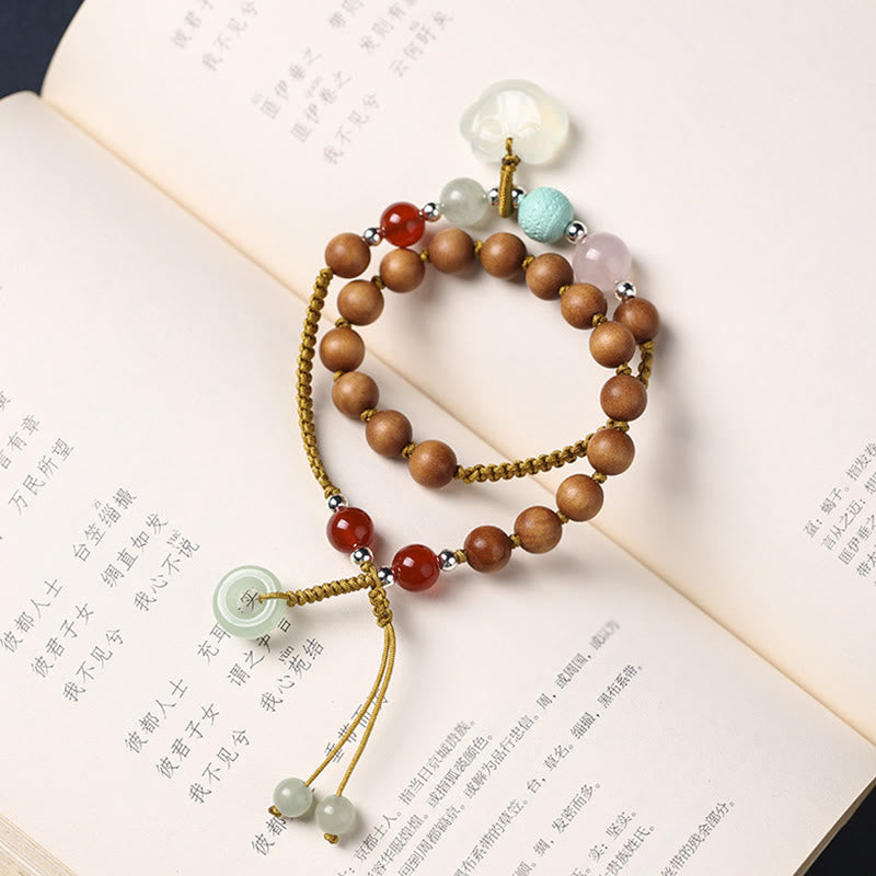 Wear FengShui Green Sandalwood Chalcedony Peace Buckle Charm Soothing Double Wrap Bracelet