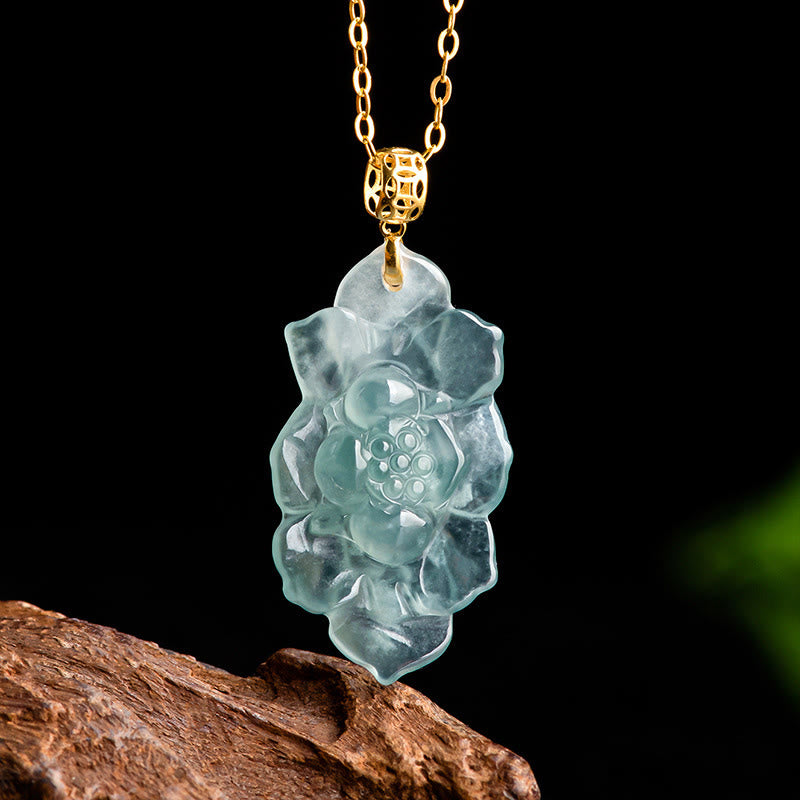 Wear FengShui Natural Jade Lotus Pattern Prosperity Titanium Steel Chain Necklace Pendant