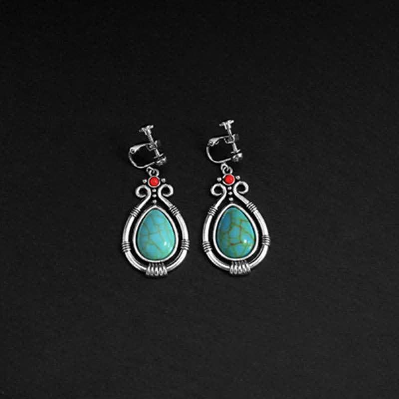 Wear FengShui Tibet Vintage Turquoise Waterdrop Strength Drop Dangle Earrings Clips