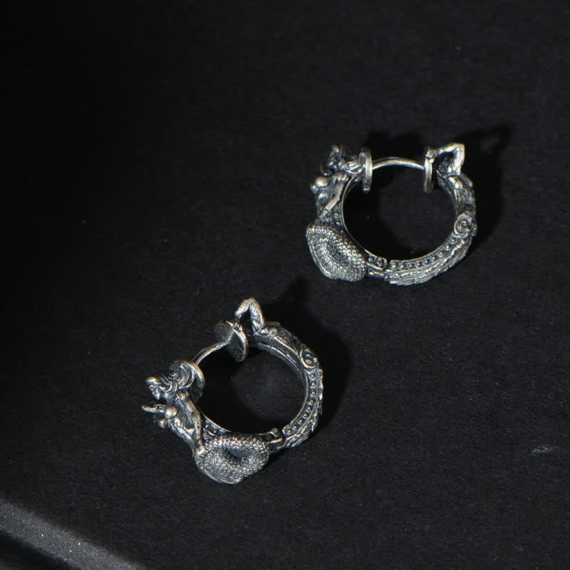 Wear FengShui 925 Sterling Silver Dragon Hoop Pattern Protection Earrings