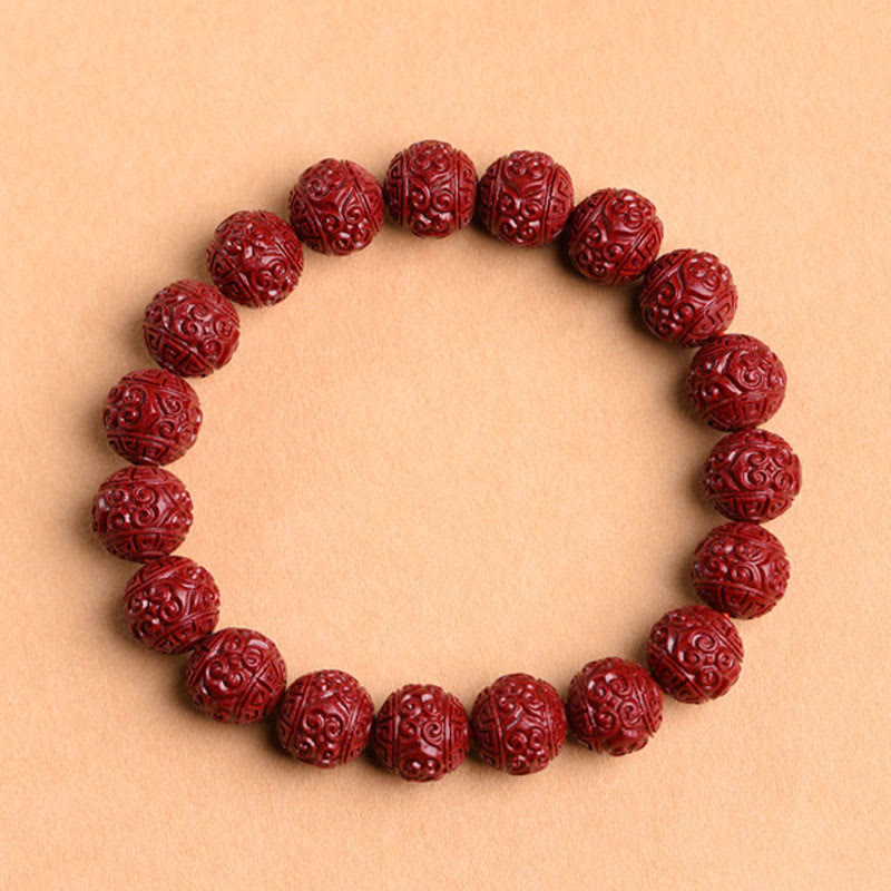 Wear FengShui Natural Cinnabar Om Mani Padme Hum Fret Pattern Lotus Blessing Bracelet