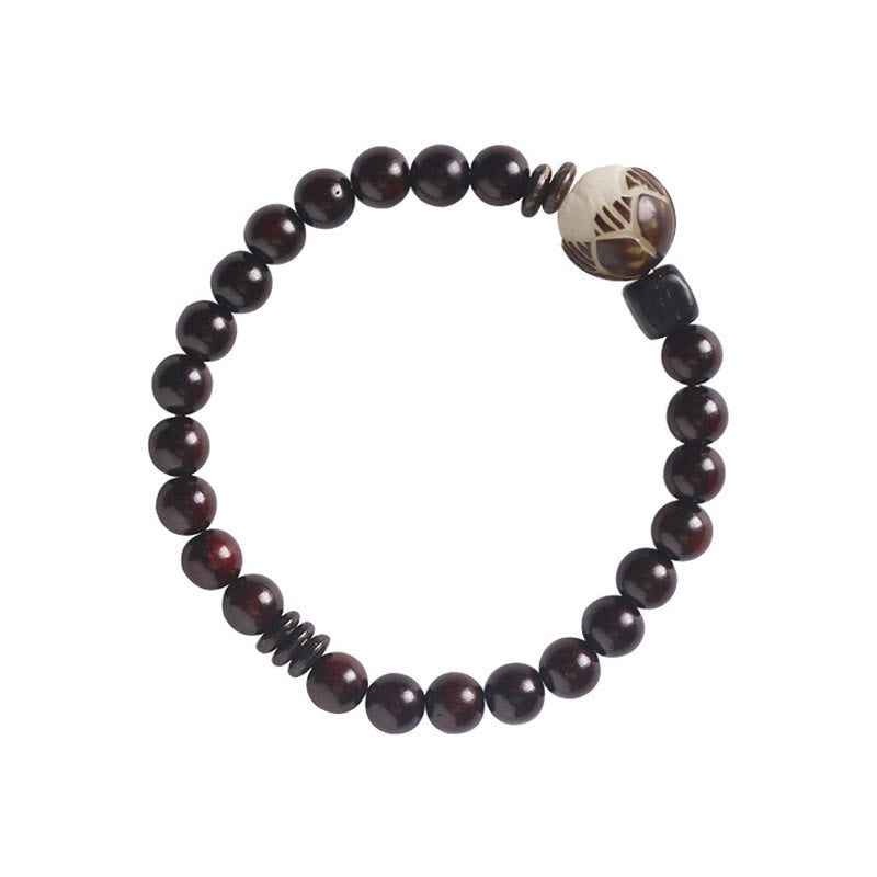Wear FengShui Small Leaf Red Sandalwood Lotus Bodhi Seed Carved Protection Double Wrap Bracelet