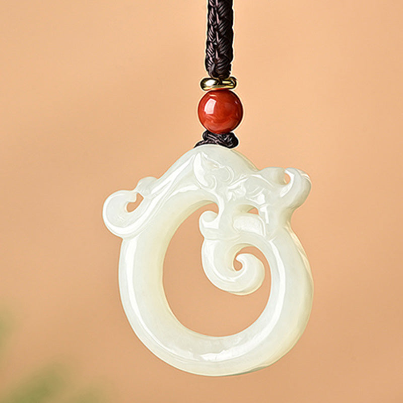 Wear FengShui White Jade Cyan Jade Dragon Protection Necklace String Pendant