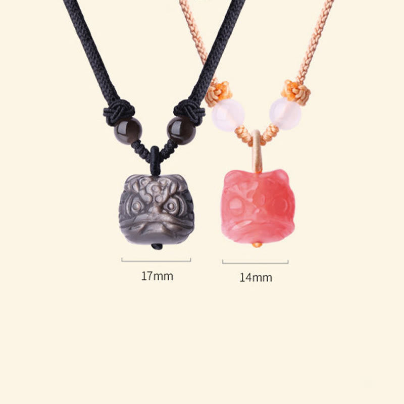 Wear FengShui Natural Silver Sheen Obsidian Red Agate Dancing Lion Protection Necklace Pendant