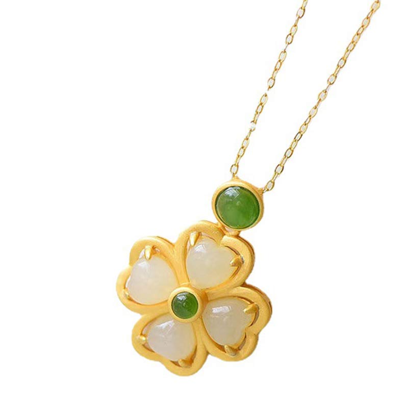 Wear FengShui 925 Sterling Silver Lucky Four Leaf Clover Jade Prosperity Necklace Chain Pendant