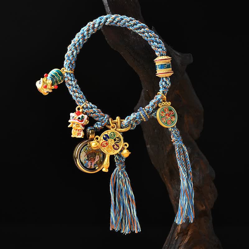 Wear FengShui Tibetan Zakiram Goddess of Wealth Thangka Luck Prayer Wheel Braid String Bracelet