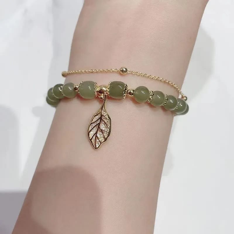 Wear FengShui Jade Leaf Ginkgo Tulip Peanut Fu Character Luck Beaded Bracelet
