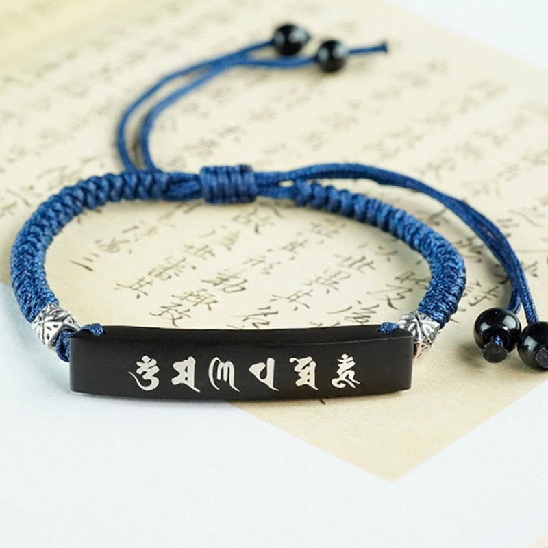 Wear FengShui Buddhism Six True Words Wood Ebony Wood Silver Inlaid Protection Bracelet