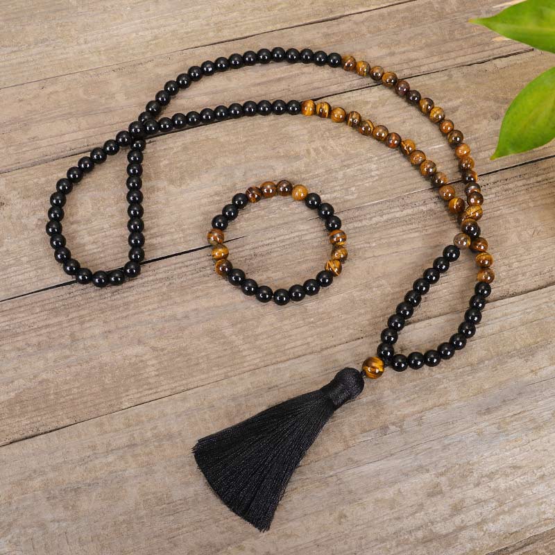 Wear FengShui Tibetan Black Onyx Tiger Eye Protection Necklace Mala Set