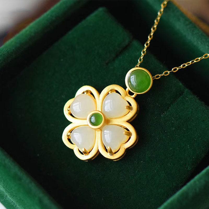 Wear FengShui 925 Sterling Silver Lucky Four Leaf Clover Jade Prosperity Necklace Chain Pendant