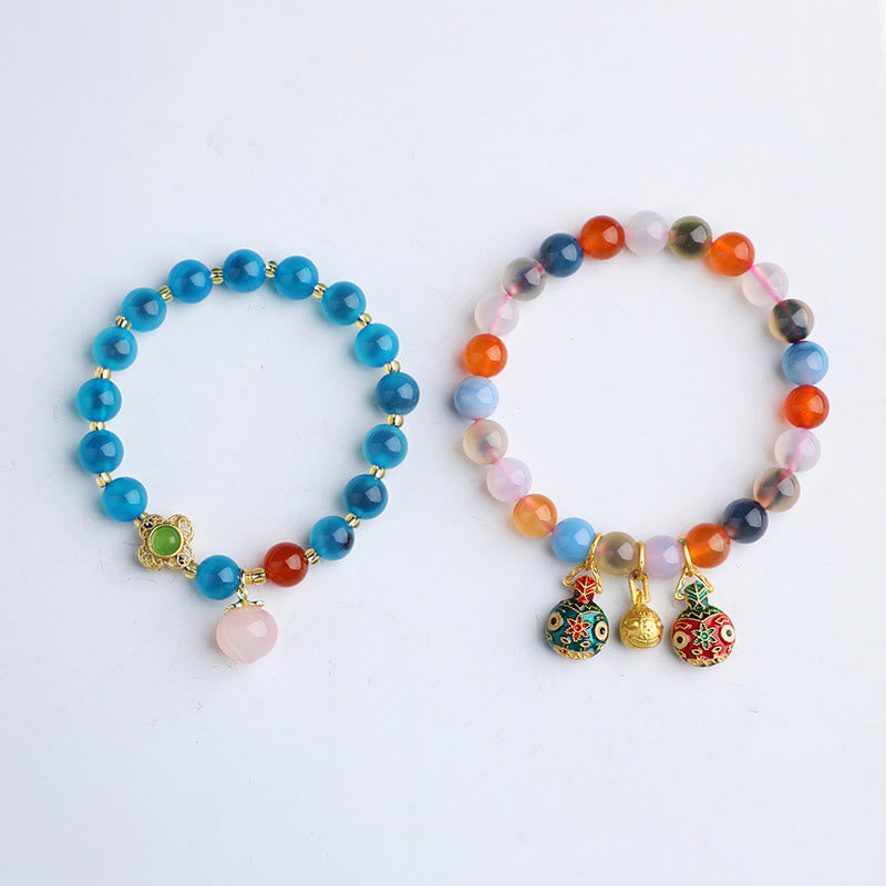 Wear FengShui Colorful Candy Agate Gold Swallowing Beast Family Peach Harmony Charm Bracelet