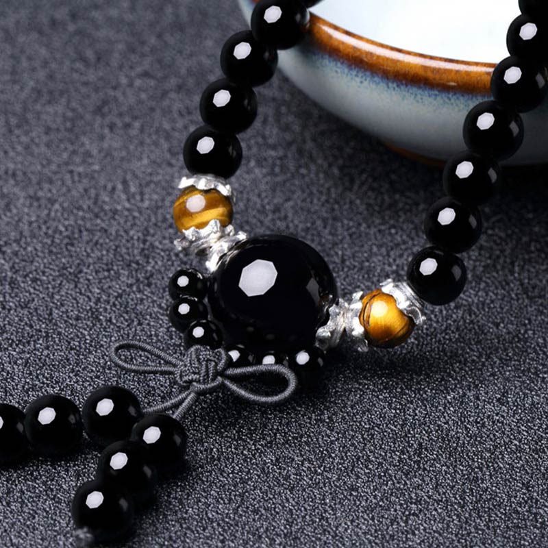 Wear FengShui 108 Beads Natural Black Obsidian Tiger Eye Mala Bracelet