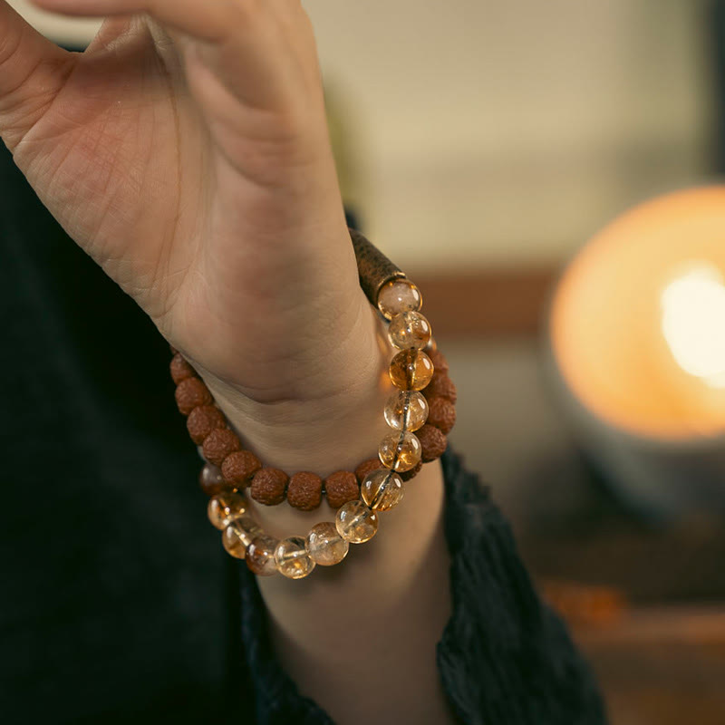 Wear FengShui Natural Citrine Crystal Rudraksha Bodhi Seed Brass Bead Prosperity Double Wrap Bracelet