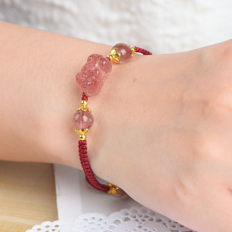 Wear FengShui Natural Strawberry Crystal Pixiu Charm Lucky Red String Bracelet