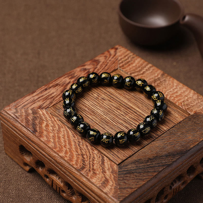 Wear FengShui Tibet White Crystal Black Onyx Om Mani Padme Hum Meditation Bracelet