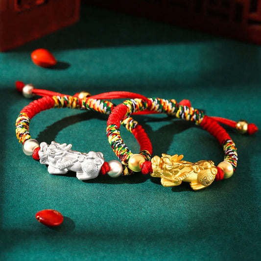 Sterling Silver PiXiu Wealth Vajra Knot String Braided Kids Child Bracelet