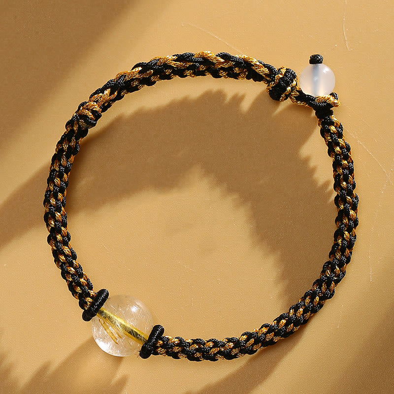 Wear FengShui Handmade Red Agate Amethyst Golden Rutilated Quartz Pink Crystal Bead Calm Braided Bracelet