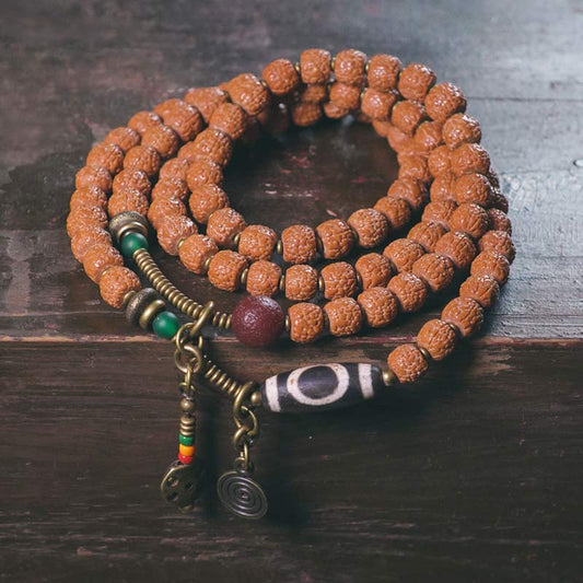 Wear FengShui 108 Mala Rudraksha Beads Bodhi Seed Dzi Bead Luck Auspiciousness Tassel Bracelet