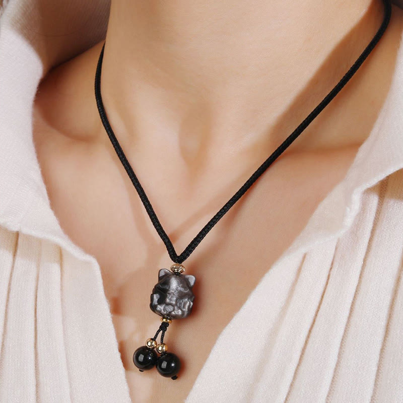 Wear FengShui Natural Silver Sheen Obsidian Nine Tailed Fox Protection Necklace Pendant