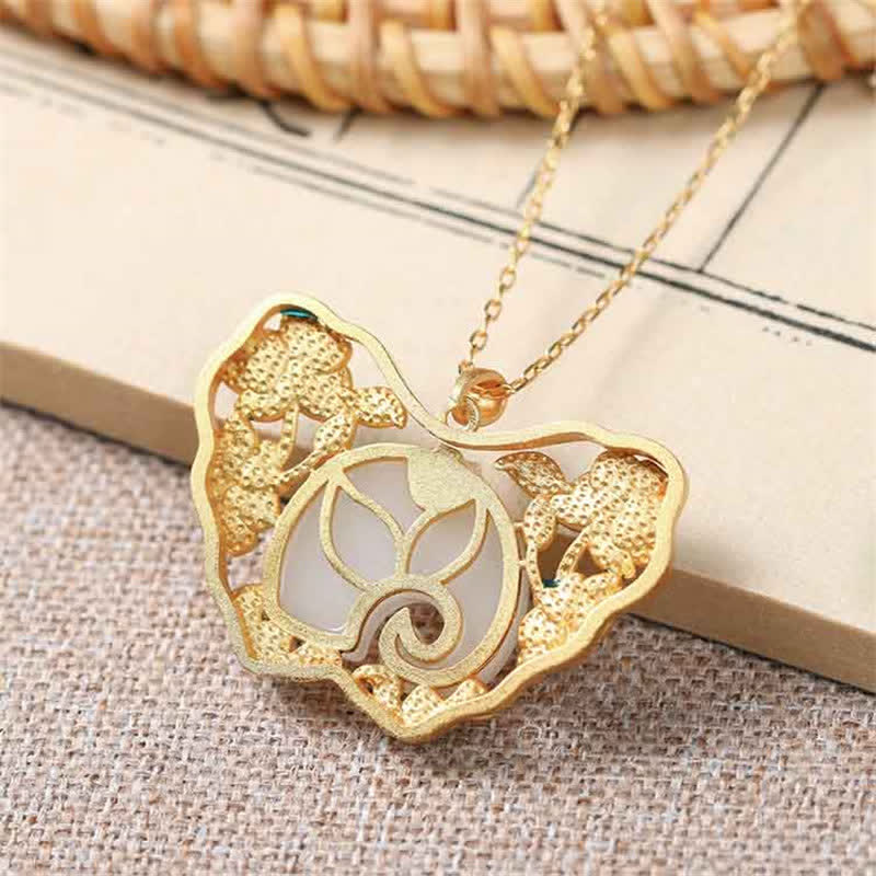Wear FengShui White Jade Elephant Butterfly Lotus Success Necklace Chain Pendant