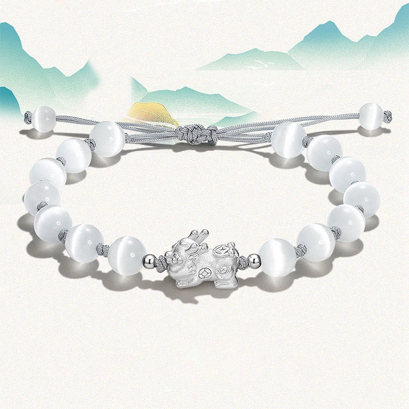 Wear FengShui Natural Black Obsidian Cat's Eye Pink Crystal PiXiu Strength Bracelet