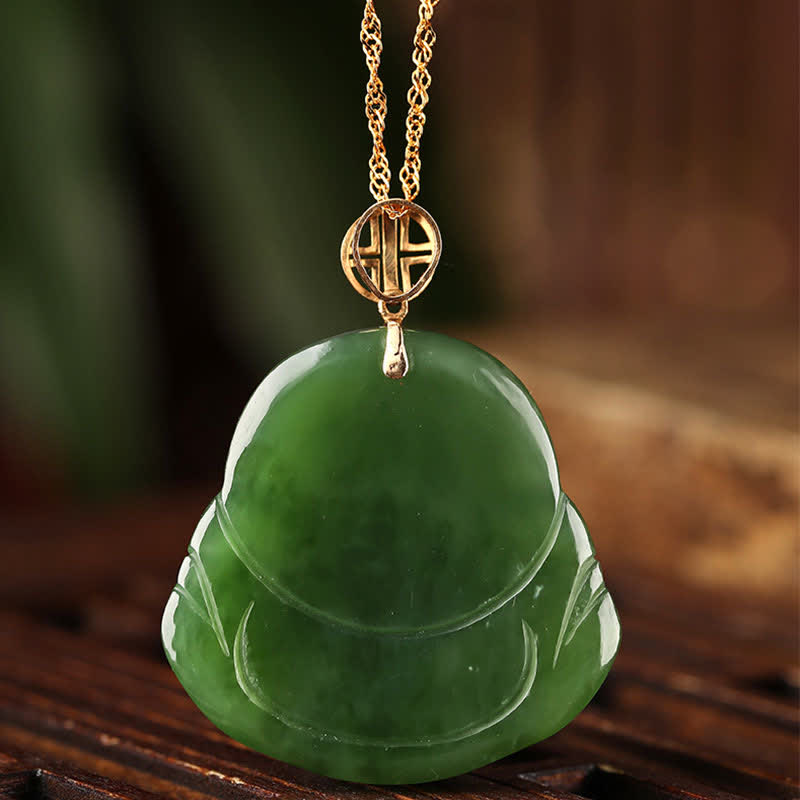 Wear FengShui 925 Sterling Silver Laughing Buddha Hetian Cyan Jade 18K Gold Success Necklace Chain Pendant