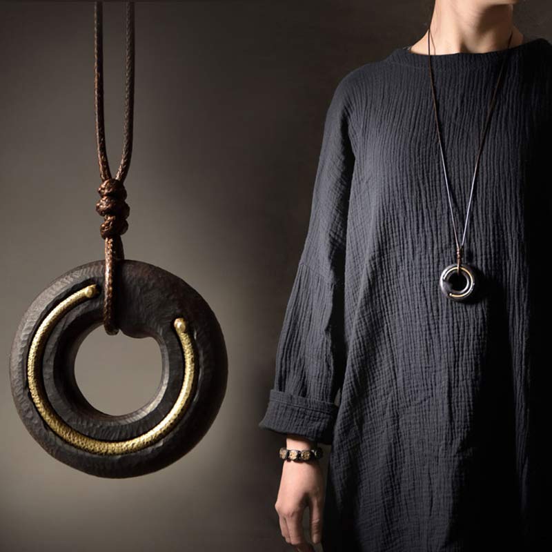 Wear FengShui Zen Circle Ebony Wood Peace Calm Necklace Pendant