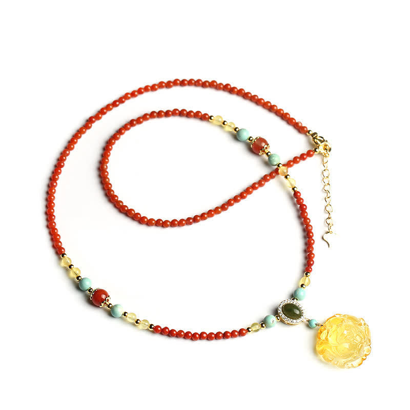 Wear FengShui 925 Sterling Silver Natural Red Agate Amber Peony Confidence Charm Necklace Pendant