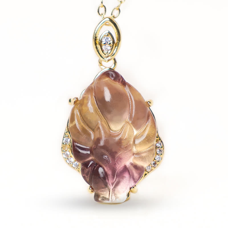 Wear FengShui Natural Colorful Fluorite Nine Tailed Fox Protection Necklace Pendant