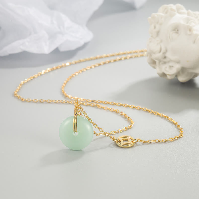 Wear FengShui Jade Fu Character Copper Coin Peace Buckle Abundance Necklace Pendant
