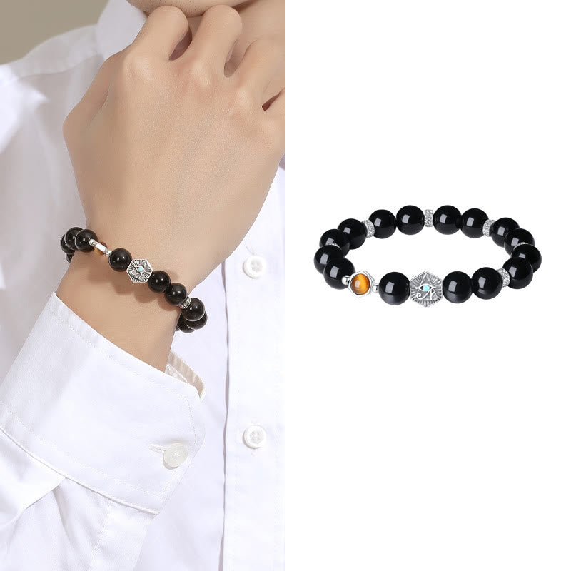 Wear FengShui 925 Sterling Silver Black Obsidian Tiger Eye Eye of Providence Purification Bracelet