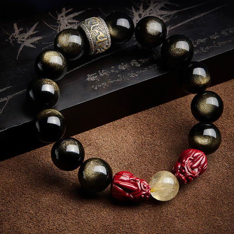 Wear FengShui Gold Sheen Obsidian PiXiu Cinnabar Om Mani Padme Hum Protection Bracelet